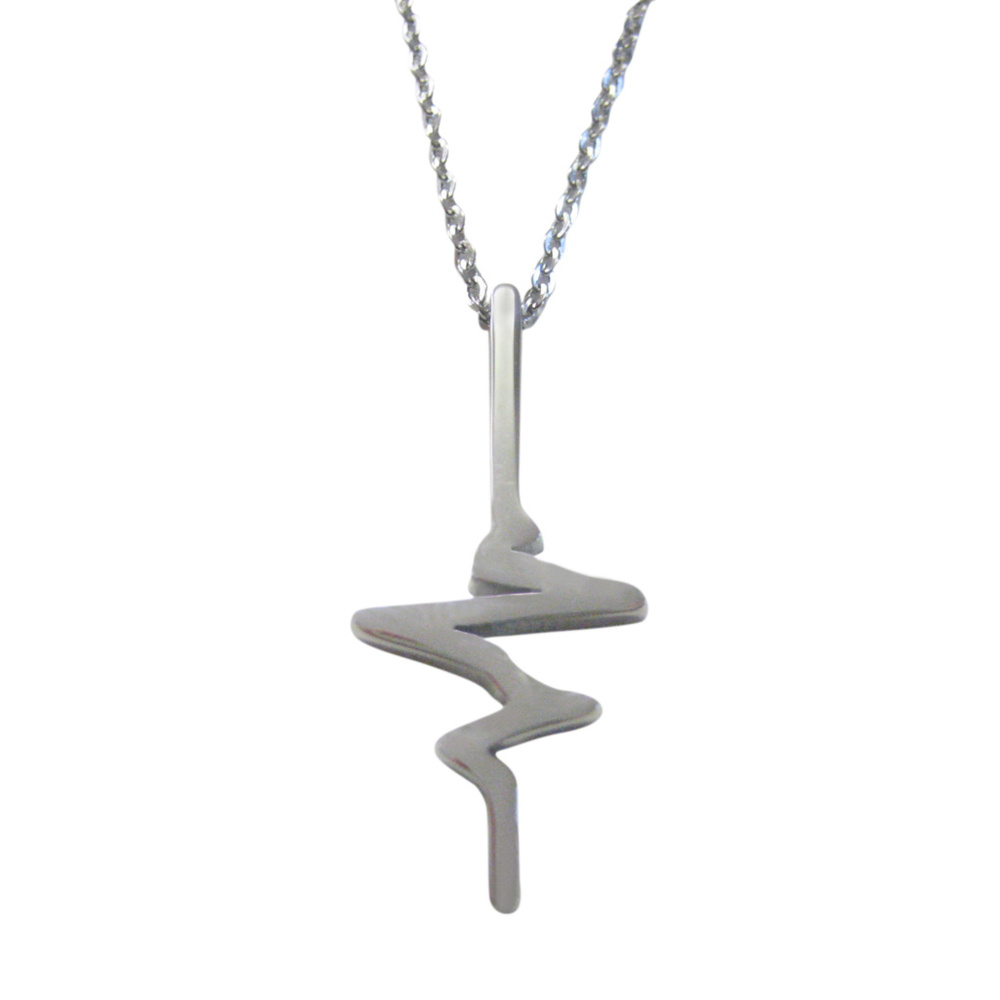 Silver Toned Vertical EKG Heart Pendant Necklace
